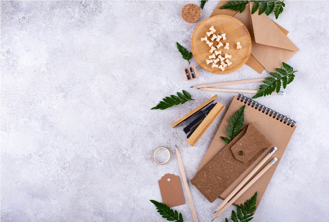 eco wooden craft stationery. sustainable life concept