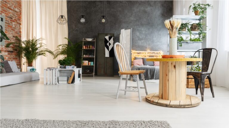 modern upcycled interior of spacious grey and white loft
