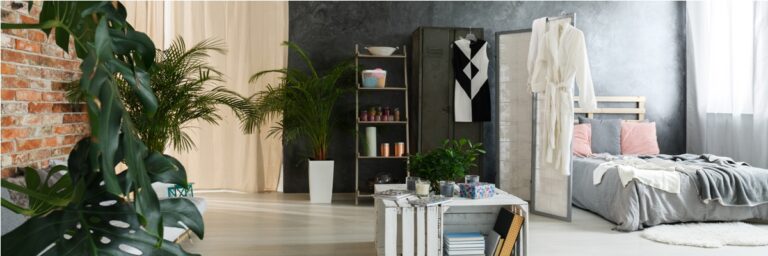 modern upcycling interior design with bed and plants