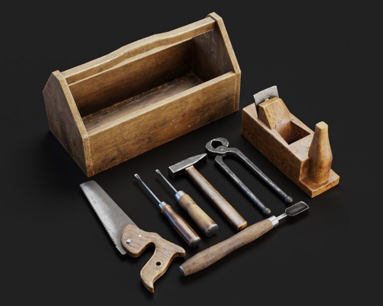 vintage wooden carpenter toolbox with tools. 3d render of old tools set.