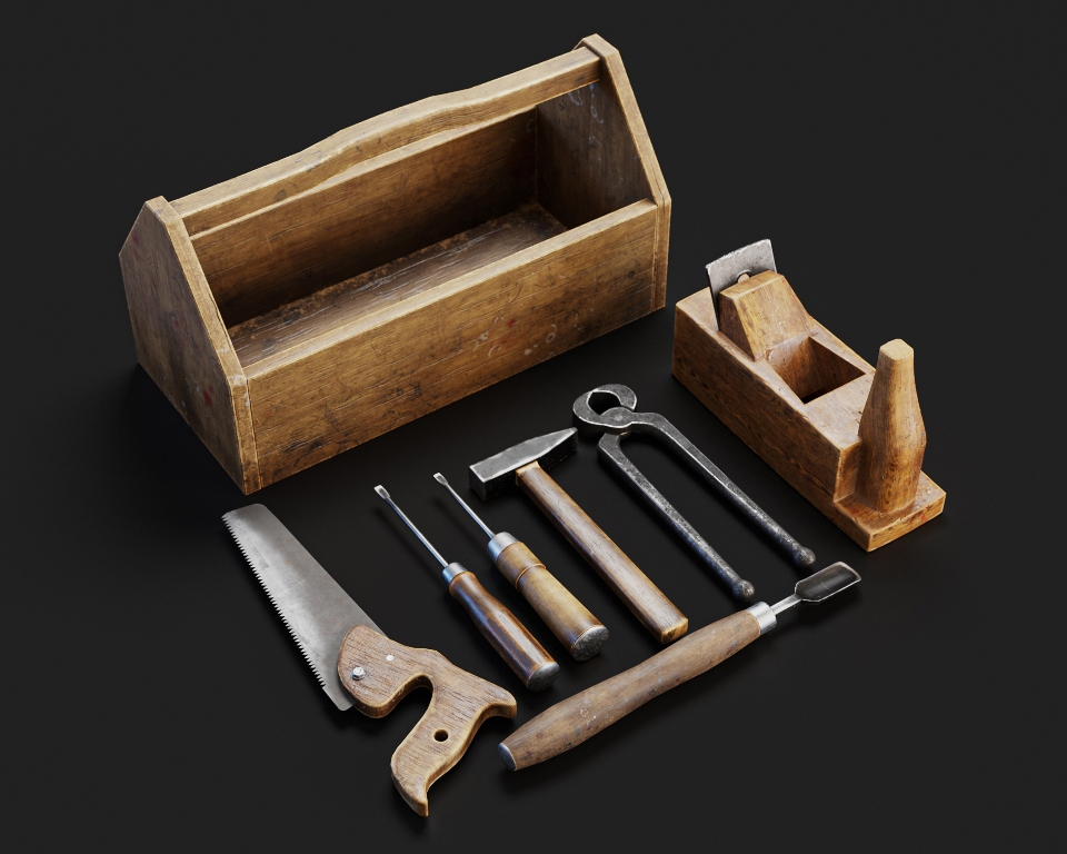 vintage wooden carpenter toolbox with tools. 3d render of old tools set.