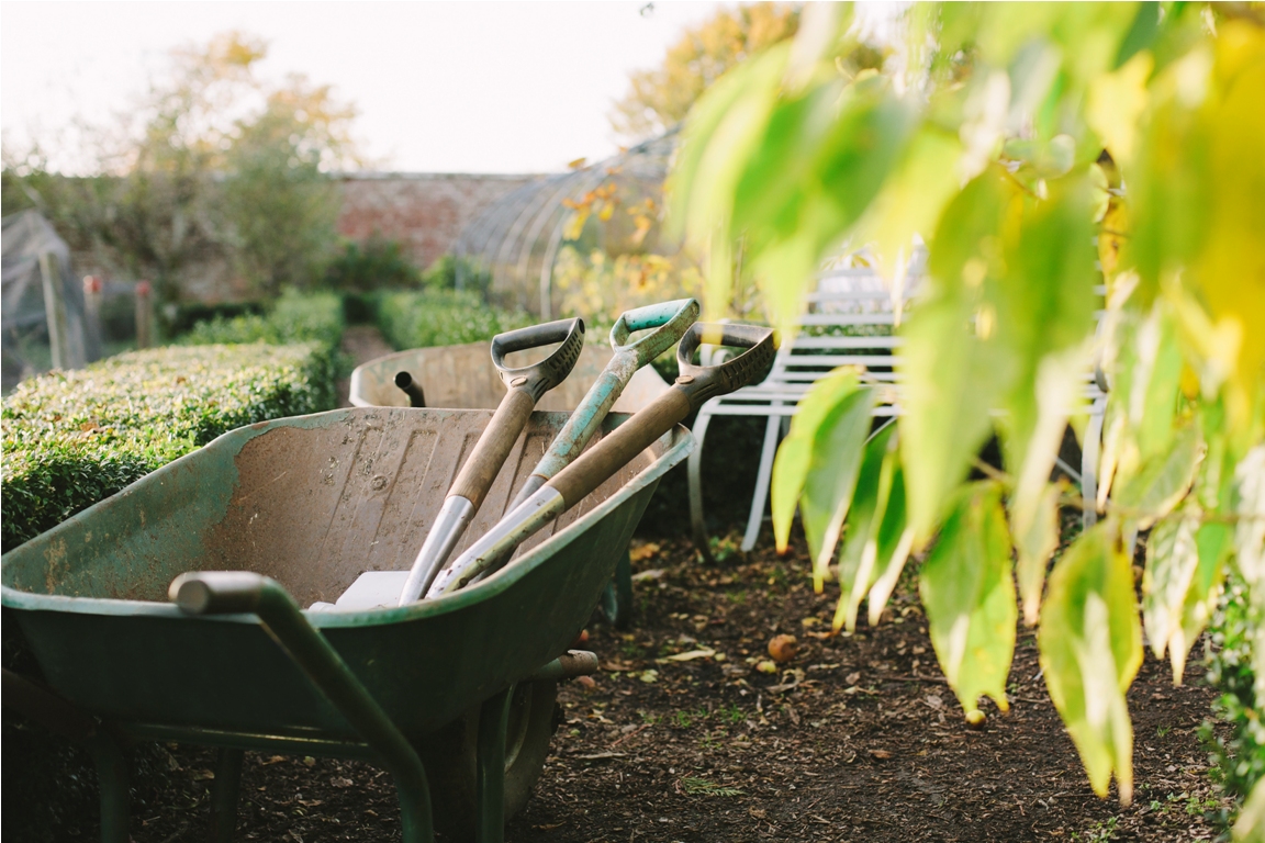 wheelbarrow and spades in kitchen garden