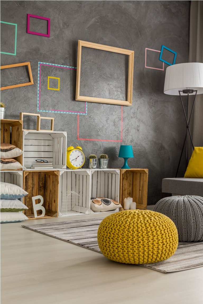 living room with wooden recycled boxes for storage